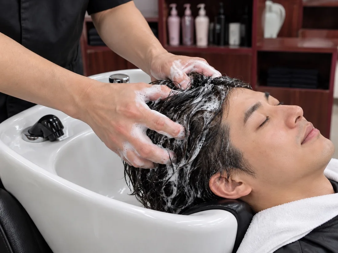 シャンプー台で髪を洗う手元